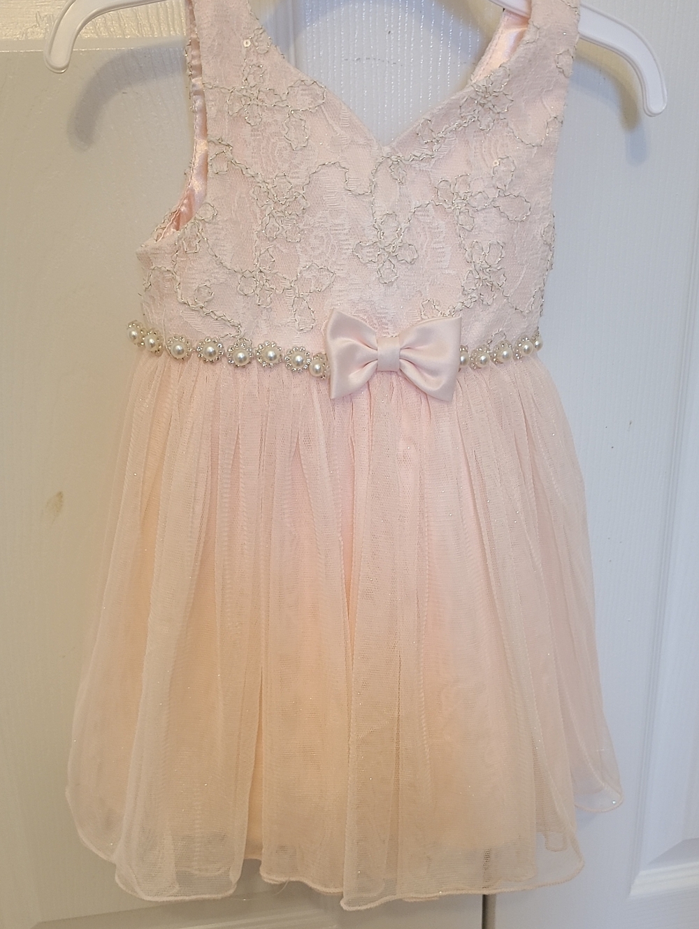 American Princess Blush Pink Lace & Tulle Formal Dress with Pearl Trim